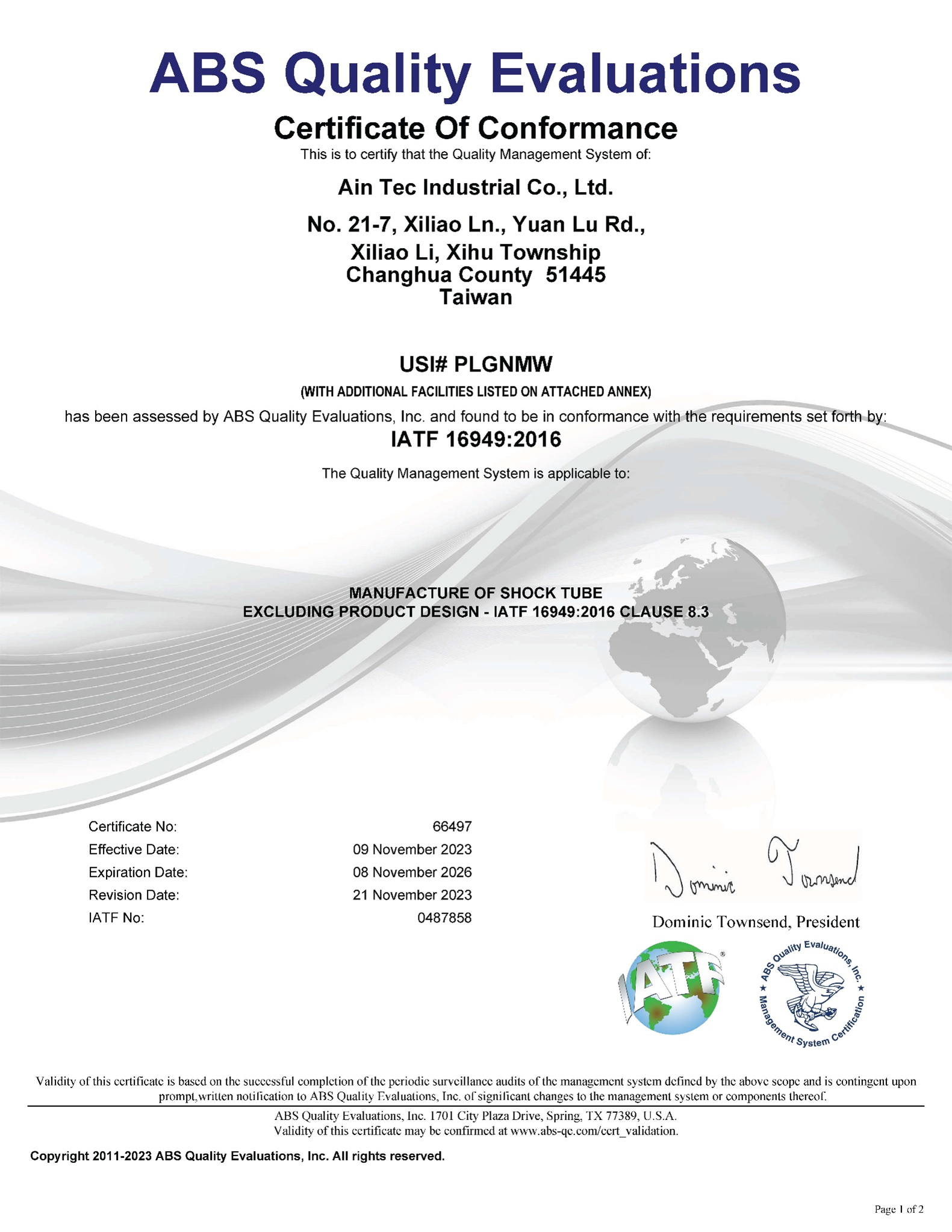 IATF16949 汽車品質管理系統證書